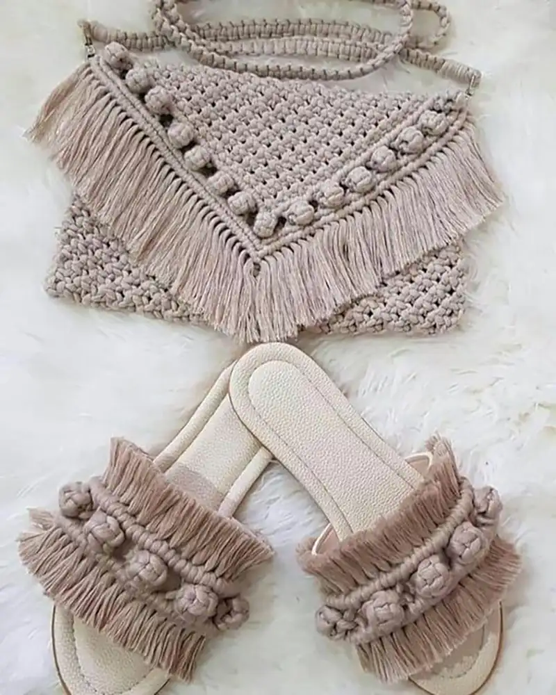 ست صندل و کیف مکرومه زنانه