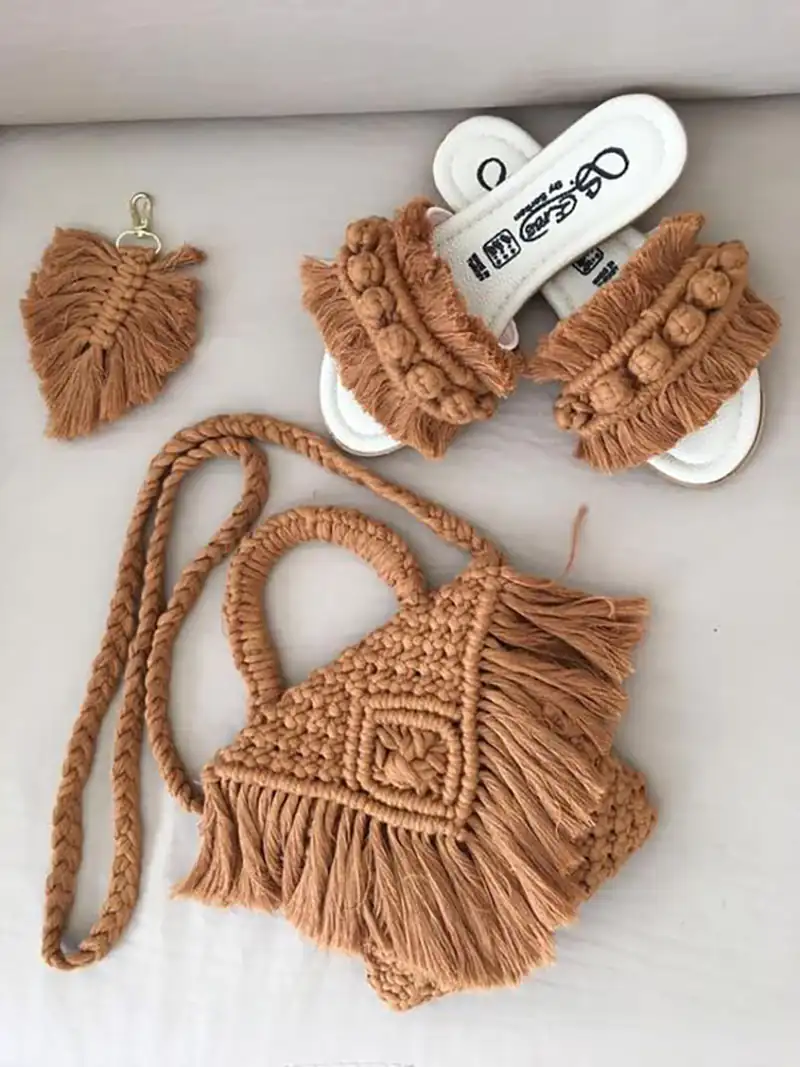 ست صندل و کیف مکرومه زنانه