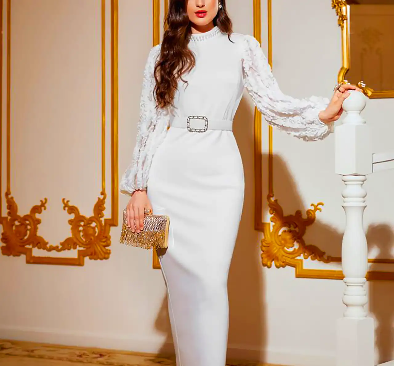 پیراهن مجلسی گیپور سفید زنانه